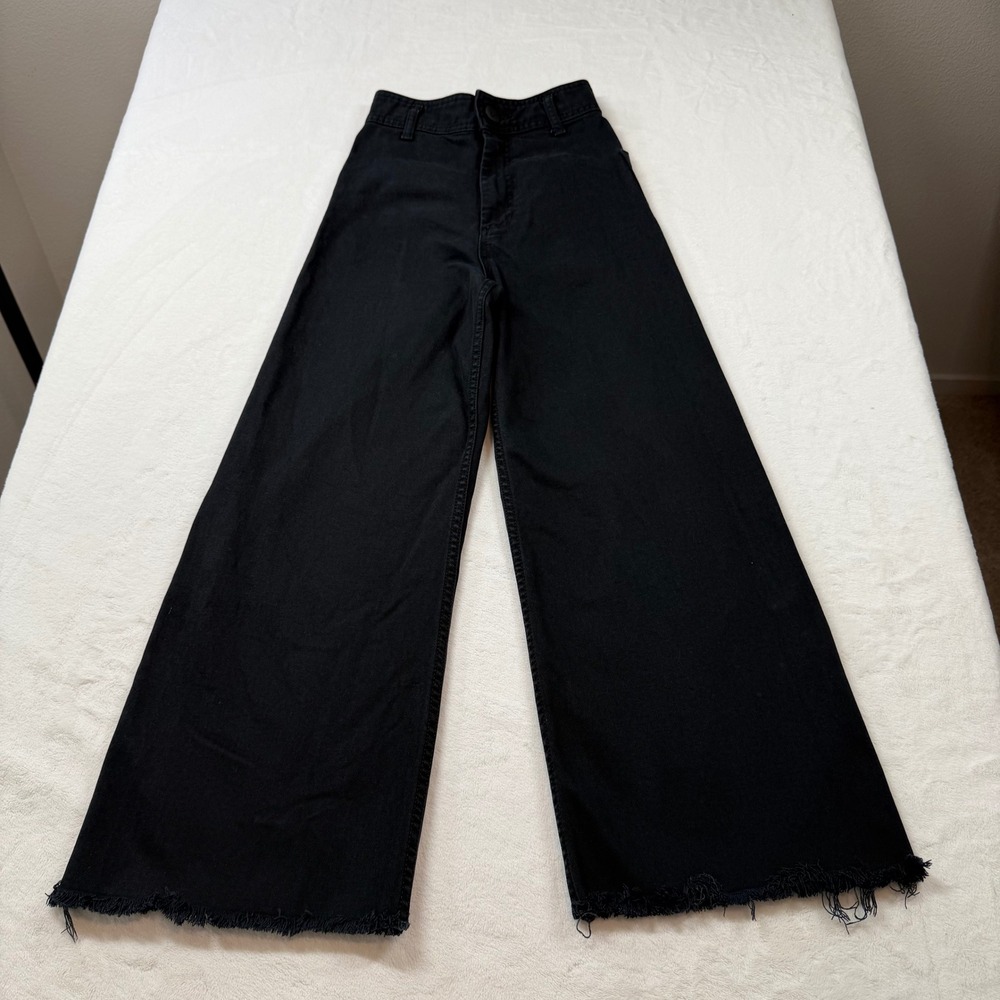 Zara Wide Leg Jeans Womens 0 Black Good High Waisted Raw Hem Frayed Denim - Picture 2 of 12